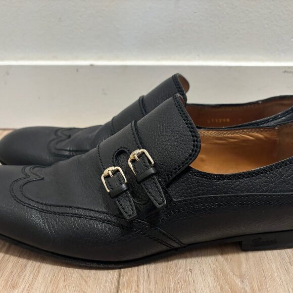 $1200 Gucci Wingtip Double Monk Black Leather Loafers / Shoes - 10 - Picture 3 of 12